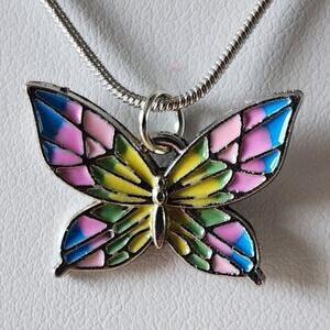 Butterfly Pendant Necklace Silver Plated Springy Colors Smaller Size Cute